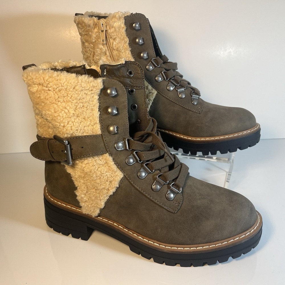 Dolce Vita Algery Olive Faux Fur Lace-Up Ankle Boots Olive US 7‎